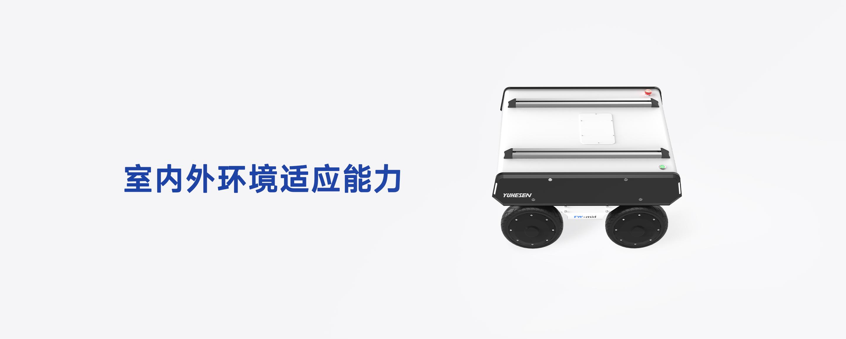 FW-mid工业级全向移动底盘顶部布局，展示扩展安装轨道与室内外环境适应能力