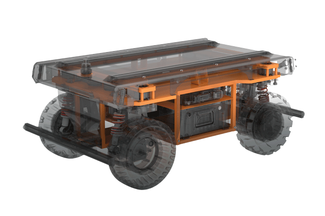 FW-max heavy duty omnidirectional agv rendering revealing orange frame and off road swerve drive for lateral shift