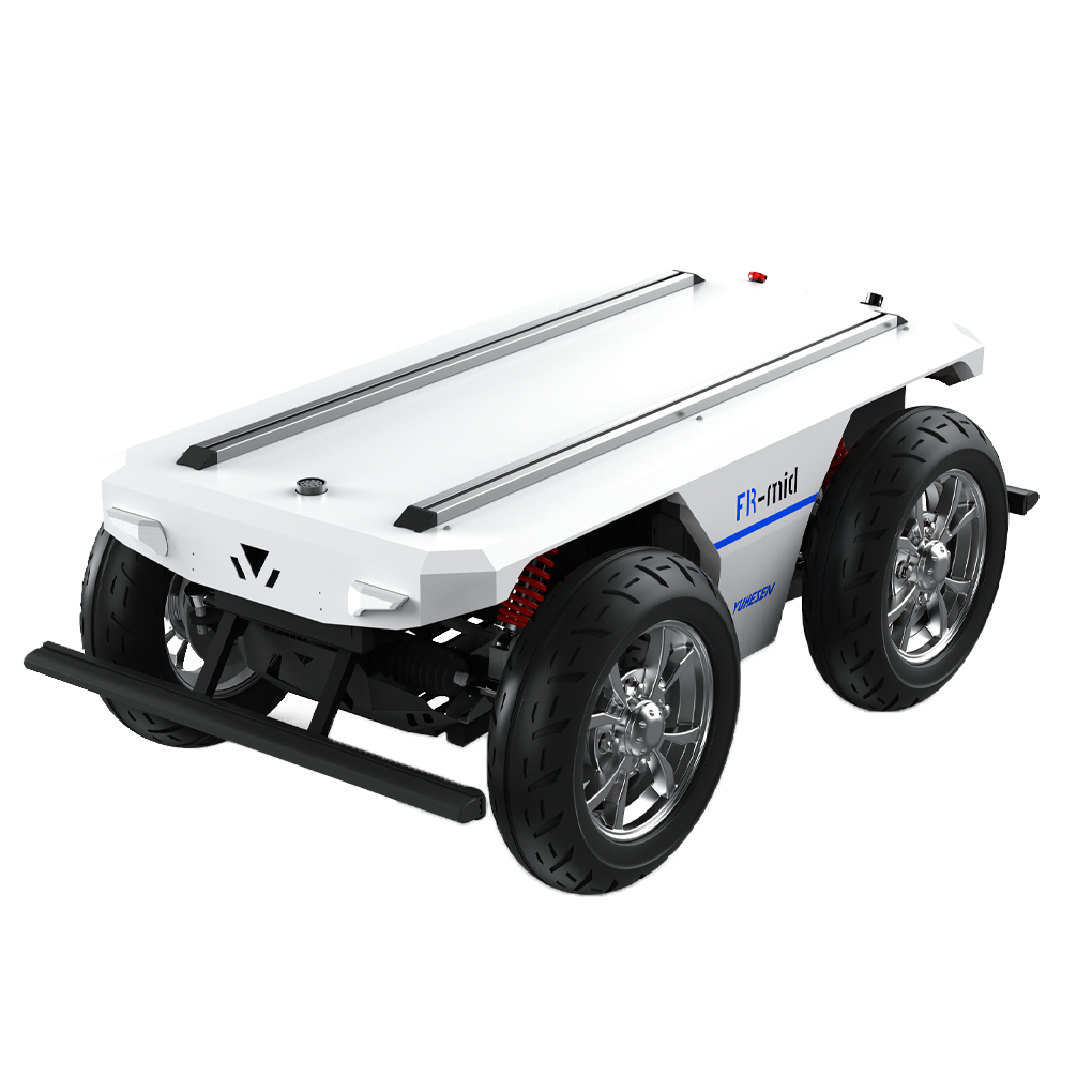 Ackermann series fr-mid steering chassis for outdoor UGV applications.